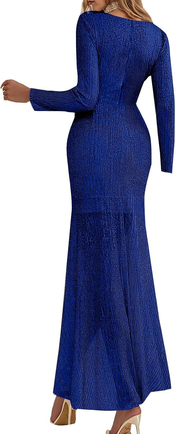Women's Sequin Mermaid Dress Long Sleeve High Low V Neck Elegant Evening Gown Wedding Guest Formal Party Dresses