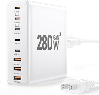 280W USB C Charger Block, 8-Port USB Charging Station GaN III PD 65W Laptop Charger Adapter Compatible with MacBookPro/Ai... Price In India