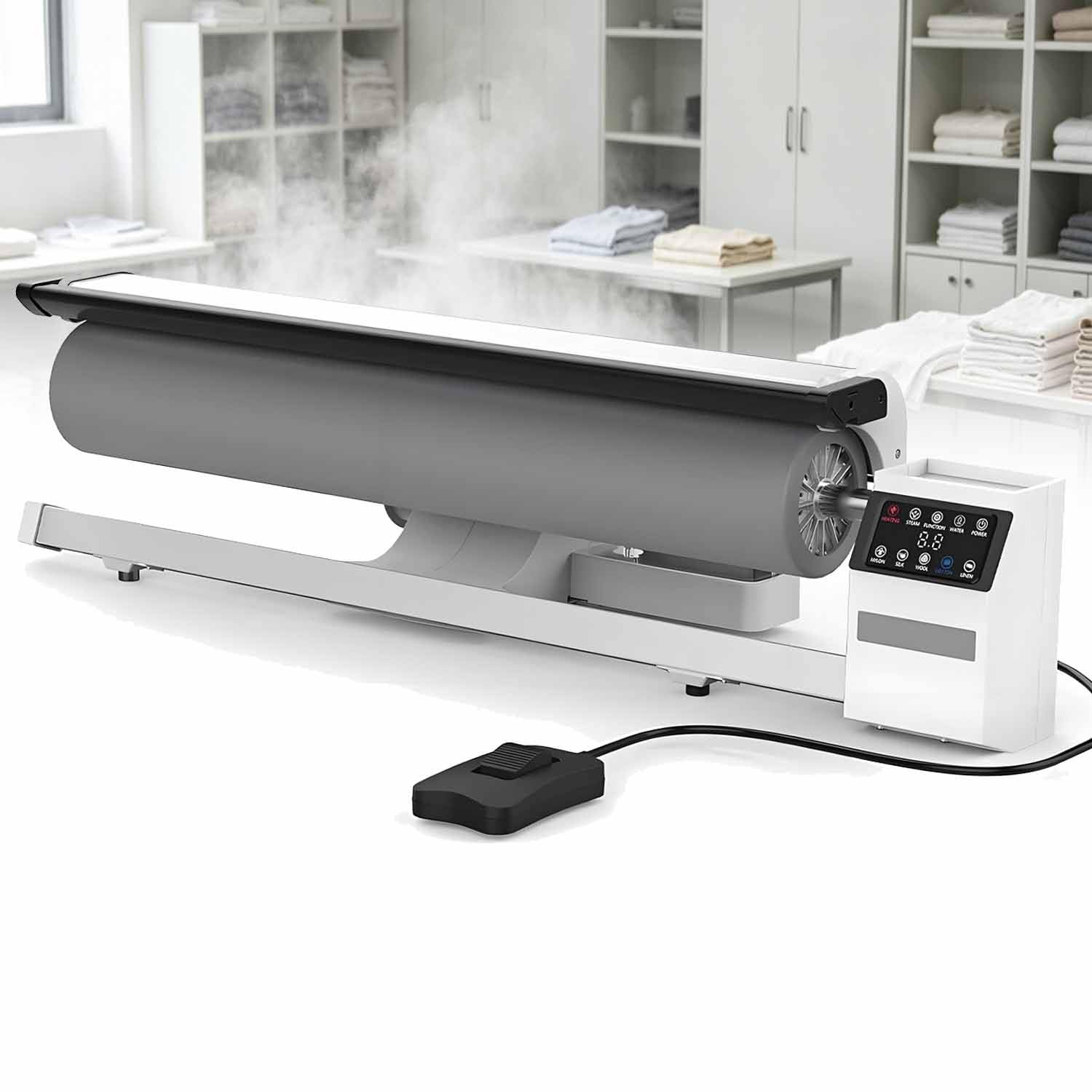 Stiratrice a Rullo Professionale a Vapore, con Emissione Continua di Vapore e Controllo a Pedale; Ideale per lavanderie, Hotel, sartorie e attività di Biancheria per la casa