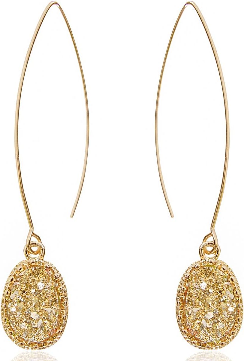 Simulated Druzy Dangly Threader Earrings - Gold, Silver, or Rose Gold Tone Long Simple Boho Hoop Drop Dangles with Sparkly Oval Stone
