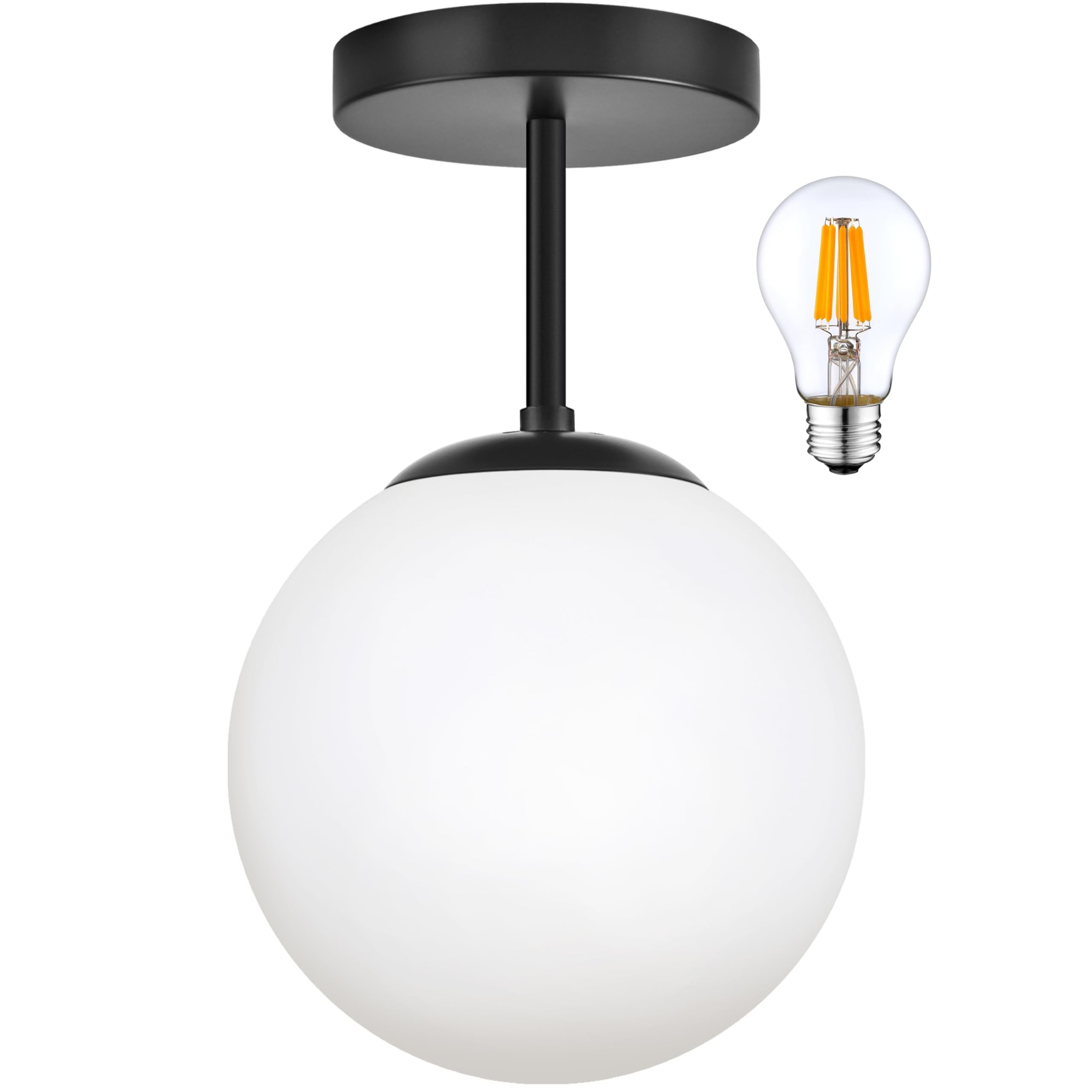 Globe Semi Flush Mount Ceiling Light, Mid Century Modern Light Fixture Ceiling, Milk Glass with Matte Black Finish, Living Room Kitchen Bedroom Hallway Storage Schoolhouse Laundry(LED Bulb Incl.)
