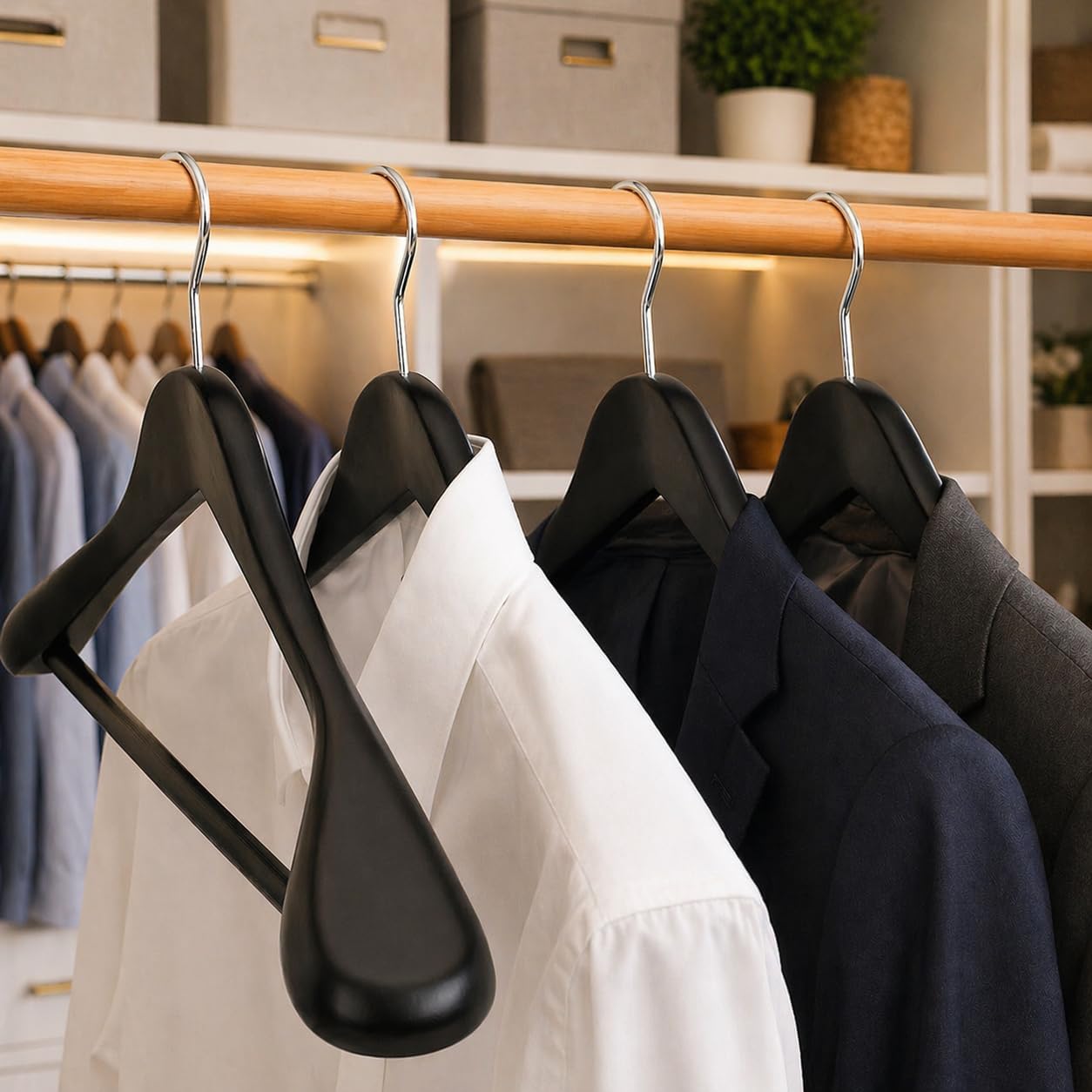 GCROS Wide Shoulder Wooden Hangers for Suits & Coats, Heavy-Duty Solid Lotus Wood in Black Finish, Non-Slip Pants Bar, 360° Swivel Hook, Thick Hangers for Shape Protection