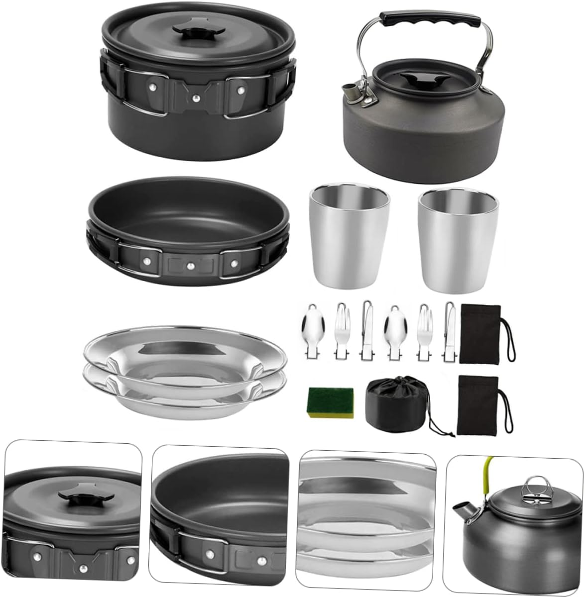 Outdoor Camping Cookware Set for People Portable Non-Stick Cookware with Insulated Handles Lightweight Mess Kit for Hiking and Picnics Black