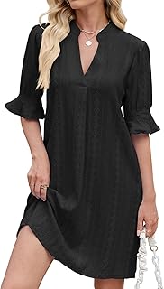 ZPLxi Women's Summer V Neck Dress Ruffle Short Sleeve Casual Loose Midi Dresses Hollow Out Boho A-Line Elegant Shift Dress