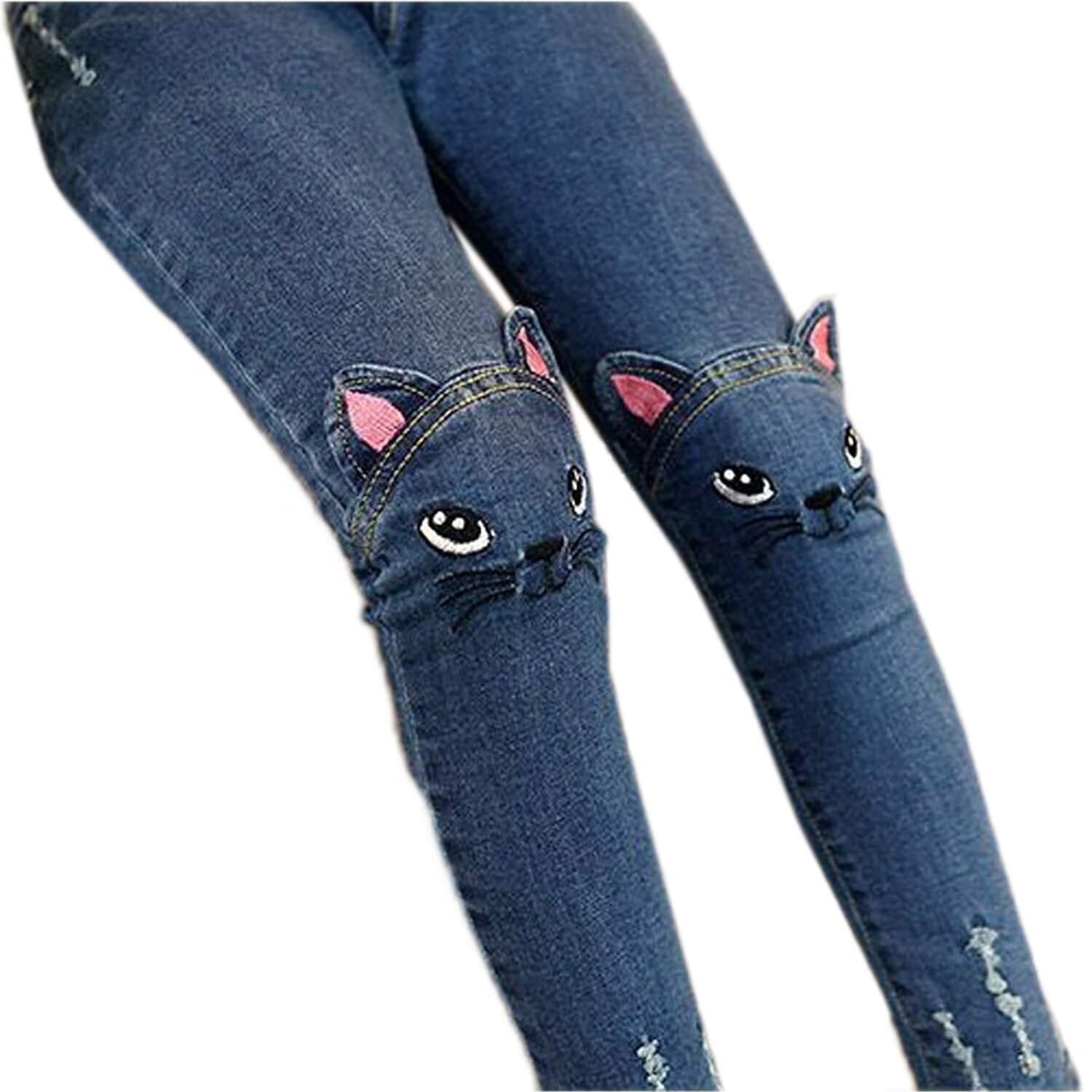 Pantalones de mezclilla ajustados para niñas grandes, con agujeros rasgados, color azul y gato