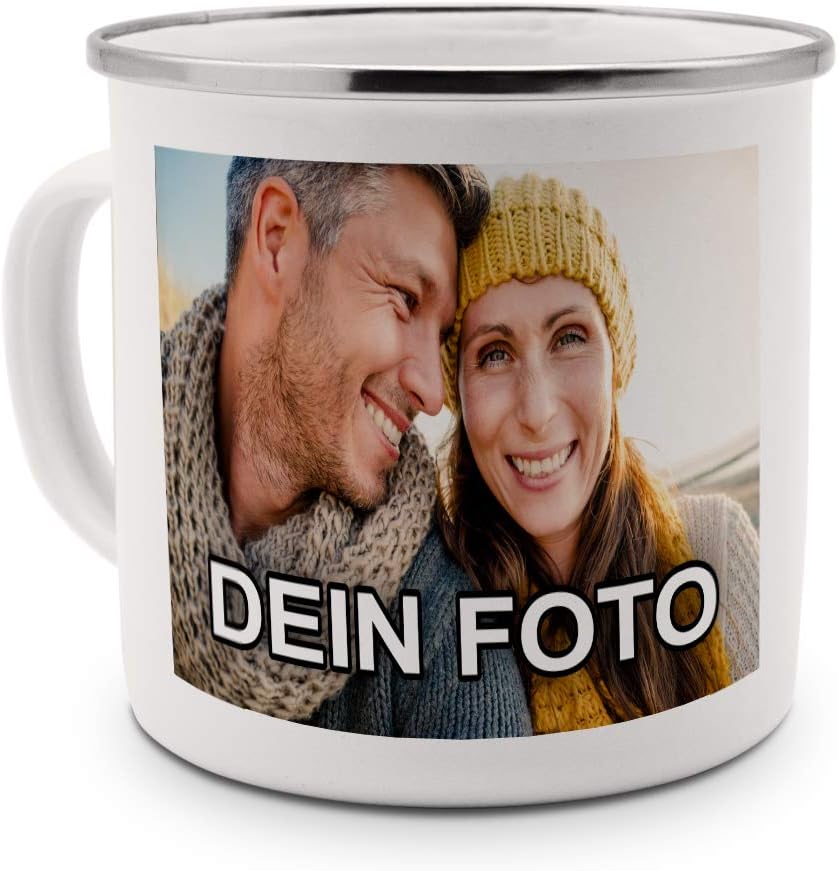 Emaille Becher Mit Eigenem Foto - Personalisierbarer Blechbecher 300ml Weiß