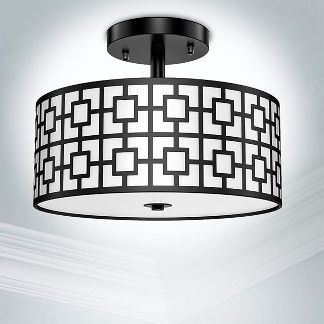 Depuley Stylish Semi Flush Mount Ceiling Lights,Black Iron Drum Cover Pendant lamp, Chandelier Lighting with 3 Bulb Socket in Chrome Finish for Living Dining Room Bedroom Hallway (Bulbs Not Included)