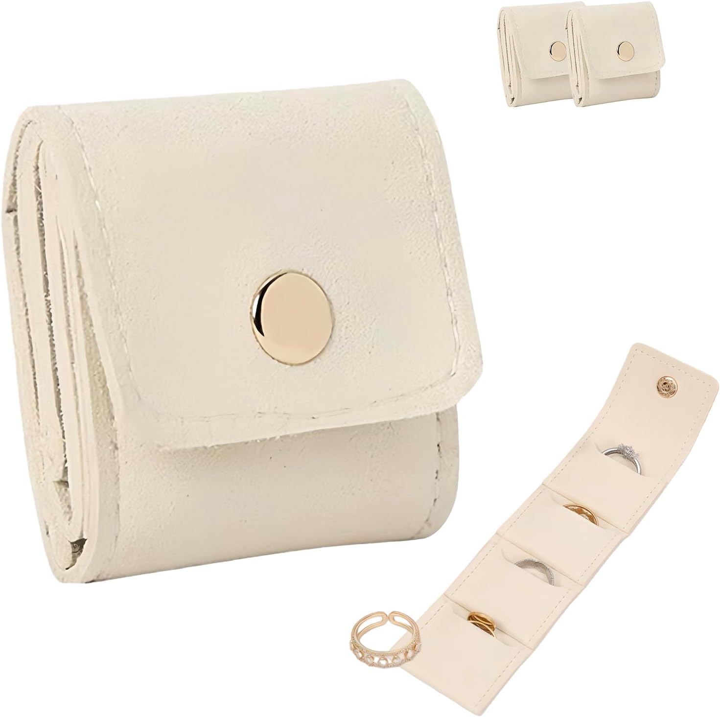 ミニトラベルジュエリーオーガナイザーバッグ2点、小型ポータブルロールポーチ、ボタン付き折りたたみ式ケースボックス保護イヤリングリングネックレス(2ホワイト)