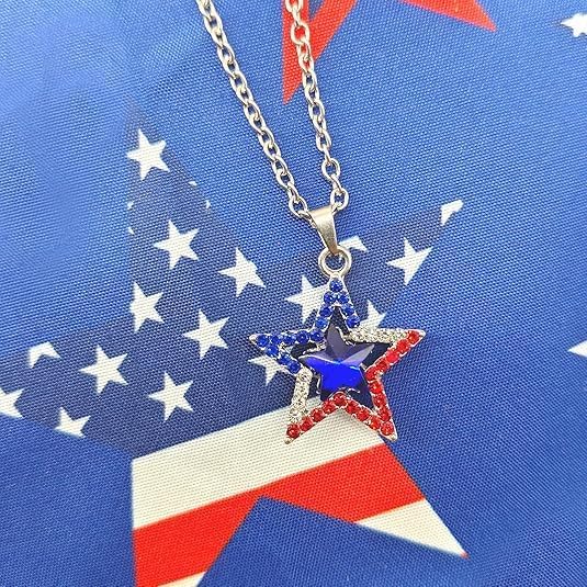 4Pcs 4th of July Accessories,Patriotic Earring Ear stud Necklaces Bracelets for Women Red White and Blue Glitter Rhinestone Independence Day Jewelry Gift Fourth of July Outfits Accessories Party Decor