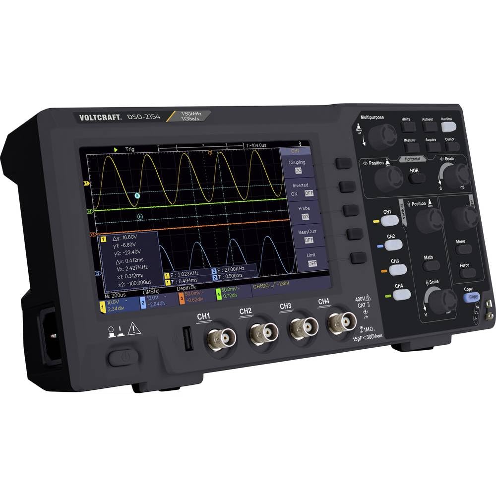 Front view of the VOLTCRAFT DSO-2154 SE Digital Oscilloscope with screen displaying waveforms and various control buttons and input ports.