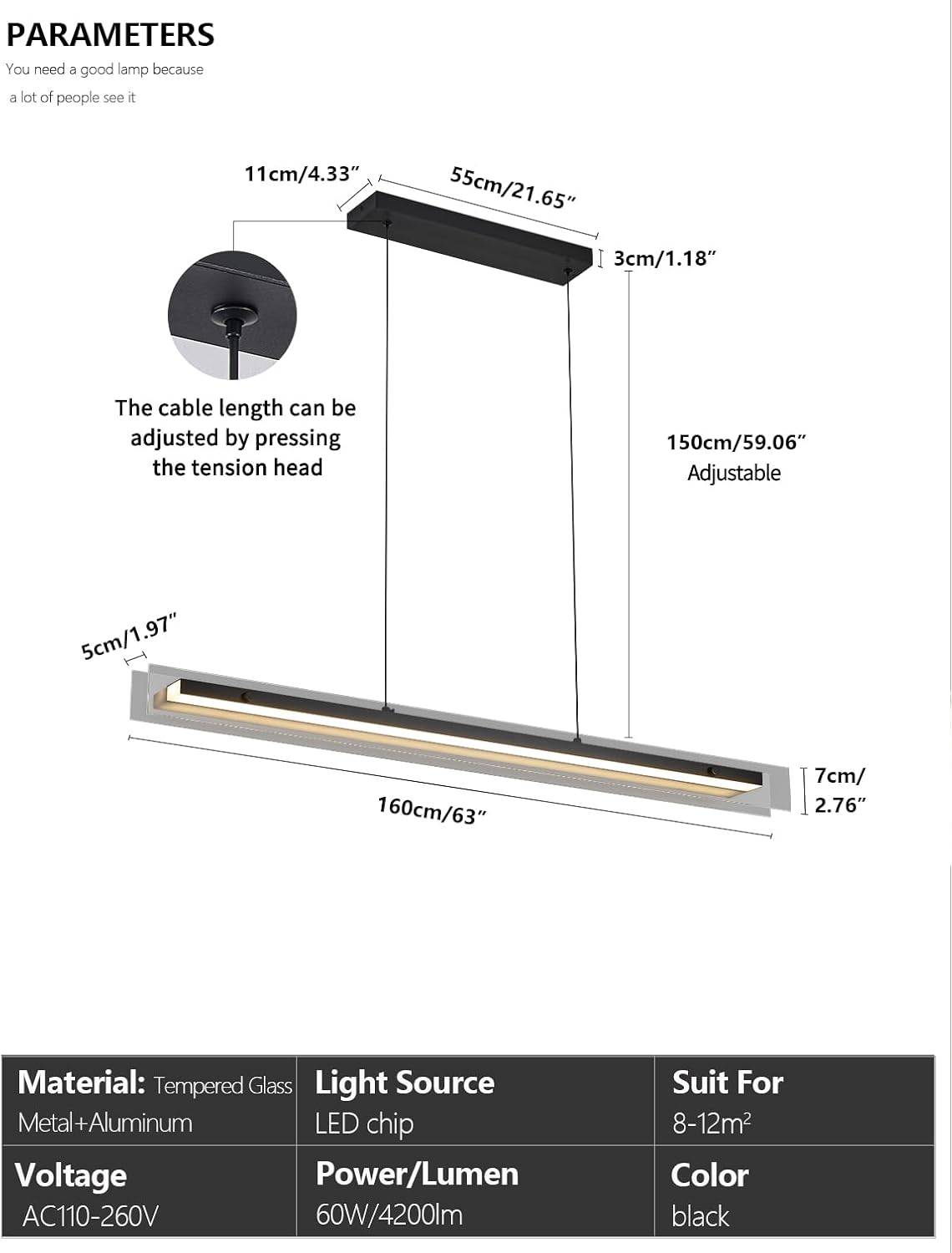 Glass Modern Black Linear Pendant Light - LED Hanging Kitchen Island Lights, Adjustable Dimmable Ceiling Fixtures, Minimalist Chandelier for Dining Room, Bar (63")
