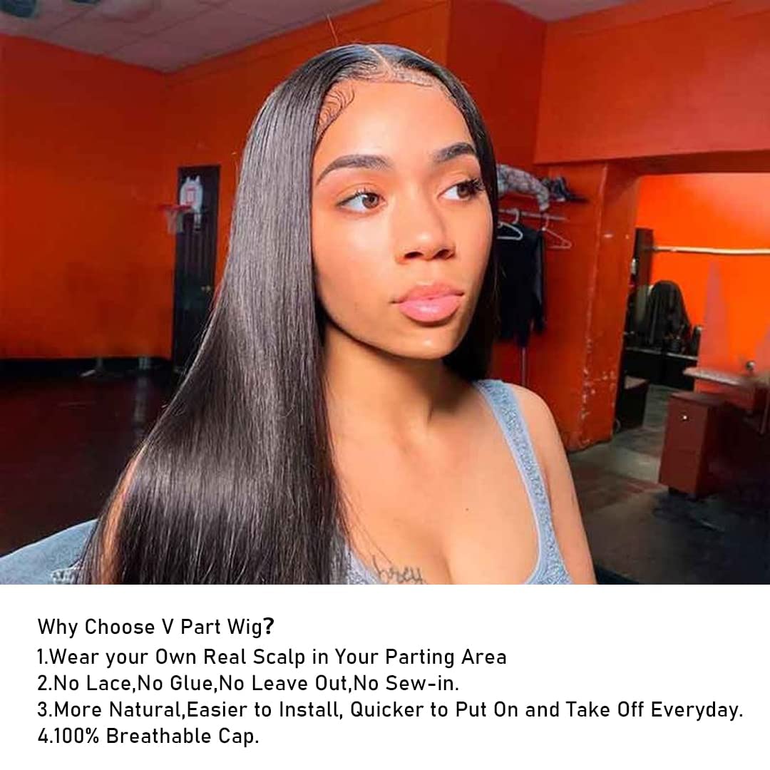 Straight V Part Wigs Human Hair Pelucas Mujer Pelo Natural Humano Para Mujeres NegrasNatural Color Peluca No Lacie Front Pelucas Cabello With Baby Hair (20 Pulgadas)