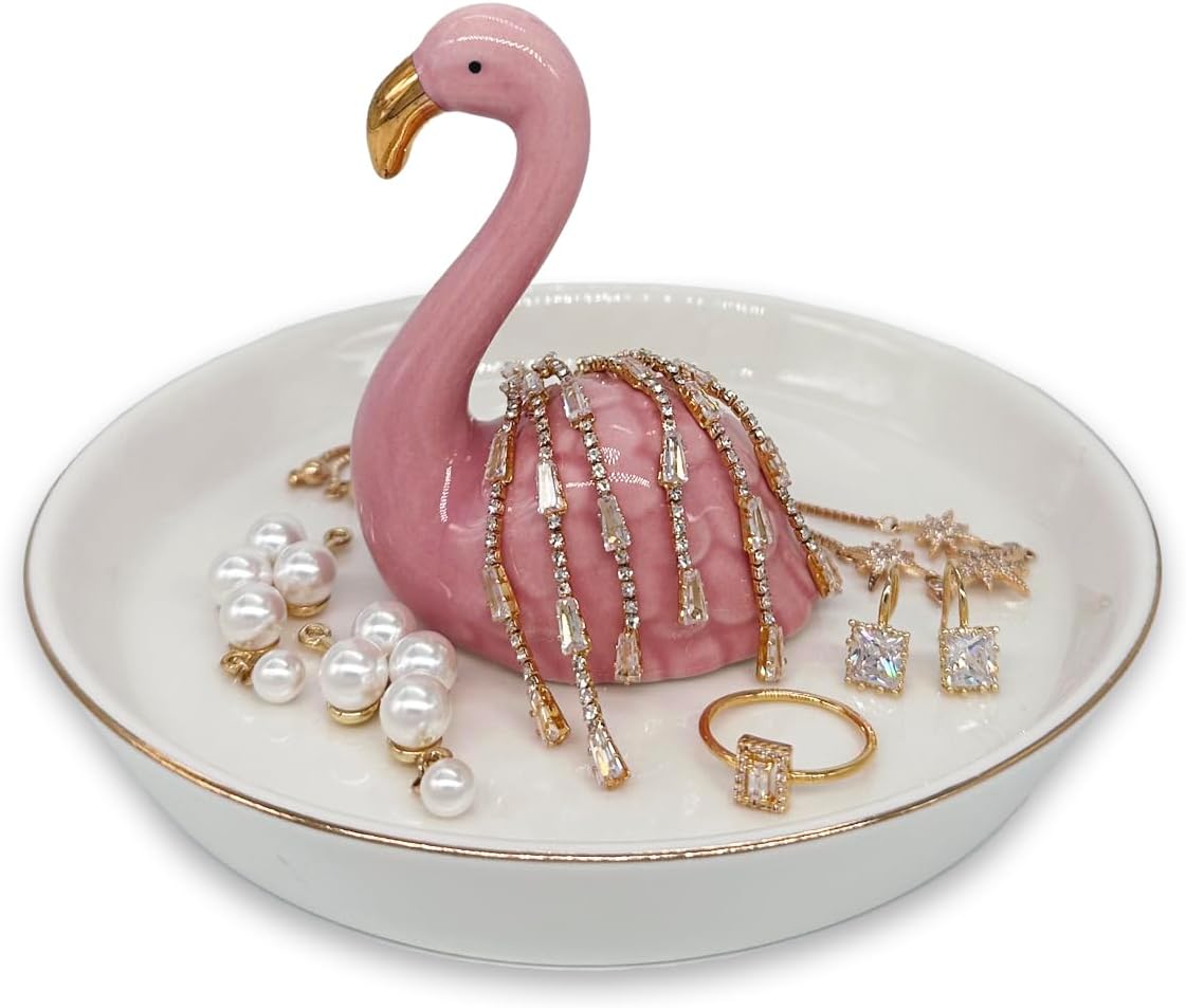 mono living Flamingo Jewelry Holder & Ceramic Ring Dish – Pink Tropical Decor for Kitchen Sink or Vanity – Cute Engagement, Birthday, or Mother’s Day Gifts for Women & Girls – Gold-Rimmed Tray