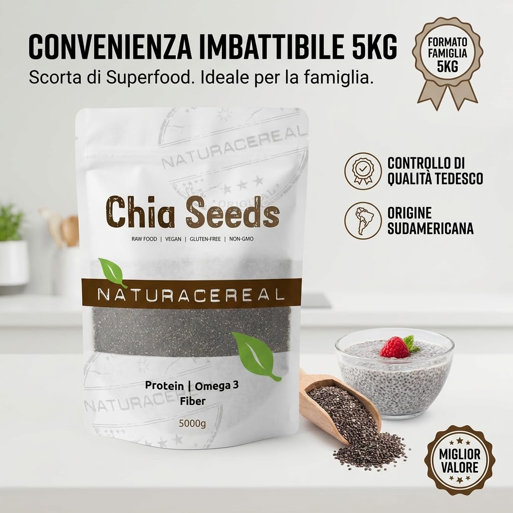 Naturacereal Semi di Chia 5kg - Crudo e 100% Naturali - Ricchi di Omega 3, Fibre e Proteine - Alimento Low-Carb e Superfood per Yogurt e Frullati - Qualità Premium Salvia Hispanica