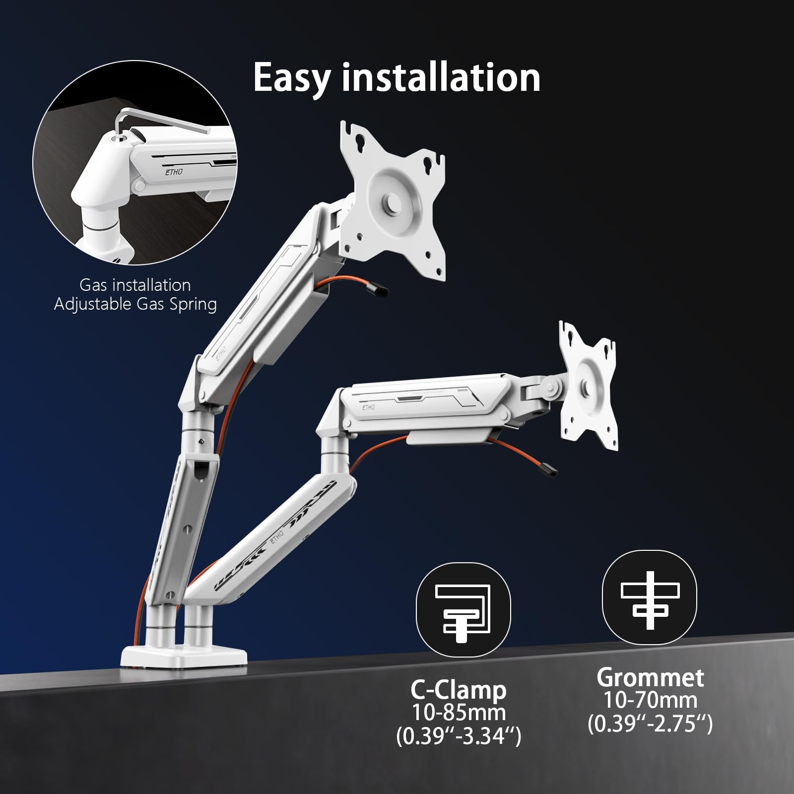 ETHU Dual Monitor Halterung Schreibtischhalterung für 13-32 Zoll Monitore (2-9 kg), Höhenverstellbar mit Neigbar, Schwenkbar, Drehbar, Gasfeder- Bildschirmhalterung 2 Monitor VESA 75 & 100 (Weiße)