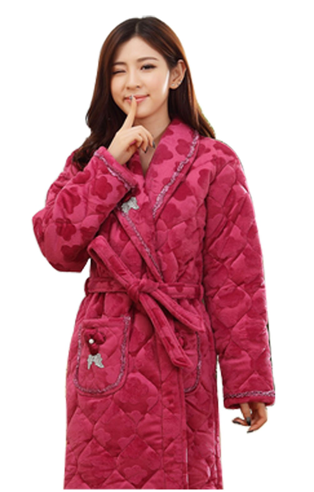 xiaopingshopSuper Soft Women's Triple Thick Coral Velvet Quilted Robe-Purple Red
