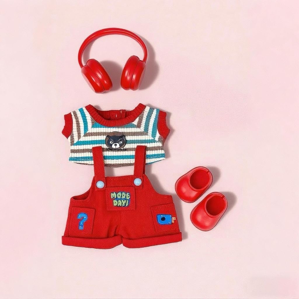 Overalls Dolls Clothes Compatible with Labubu 15-17cm, Cool Style Outfits - Headphones, Striped Tee, Pents & Shoes | Easy Dressing Accessories | Mini Figures Casual Clothing - Red