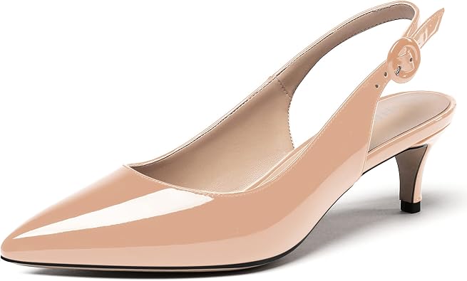 WAYDERNS Womens Pointed Toe Slingback Ankle Strap Patent Kitten Low Heel Pumps Office Work Dress Shoes 2 Inch