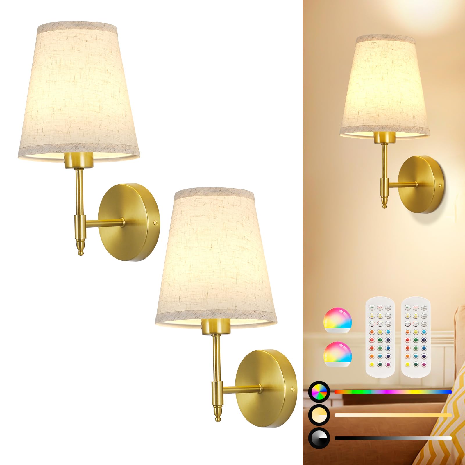 NOVCAND Battery Operated Wall Sconces, Fabric Linen Wall Sconces Set of Two with Remote Control, Wall Lights Magnetic, Rechargeable Gold Wall Lamp for