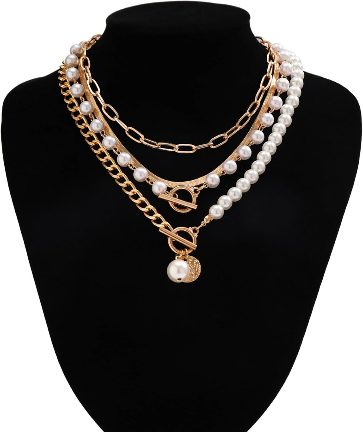 Gold Layered Chunky Necklace for Women Paperclip Chain Pearl Necklace Herringbone Necklace Gold Chunky Necklaces - Image 7