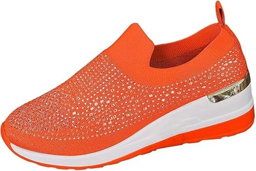 Women's Fashion Glitter Rhinestone Decor Platform Wedge Sneakers Breathable Mesh Sparkly Orthopedic Wedge for Women (Orange,23.0