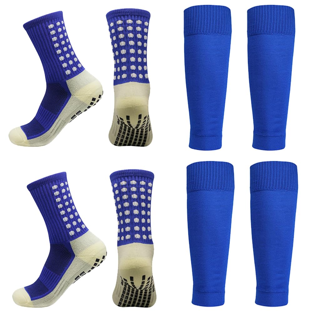 Juego de 2 calcetines de fútbol antideslizantes con mangas de protección de espinilleras, calcetines deportivos deportivos para hombres y mujeres