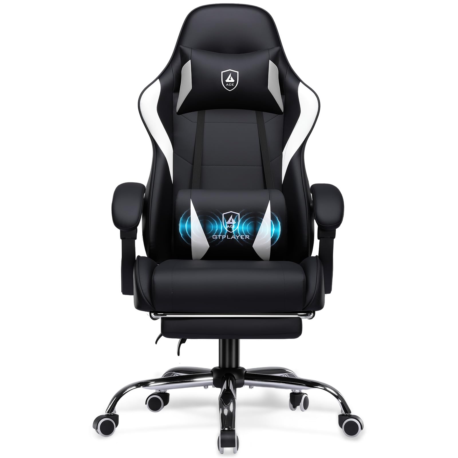 GTPLAYER, Silla de gaming, silla de oficina con soporte lumbar de masaje, reposacabezas ajustable, reposapiés ergonómico, reposabrazos de conexión y reposapiés, 150 kg, color negro