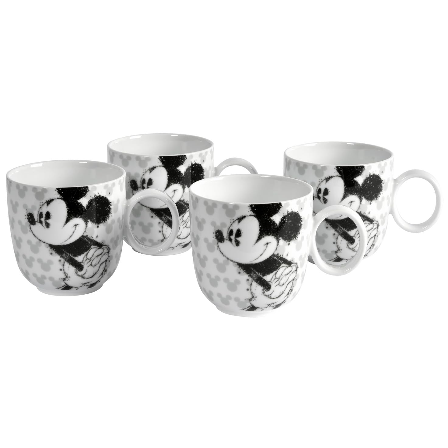 Micky Maus Kaffeetasse Disney, 4er-Set, 320 ml, Hochwertiges Porzellan, Spülmaschinenfest, Schwarz/Weiß