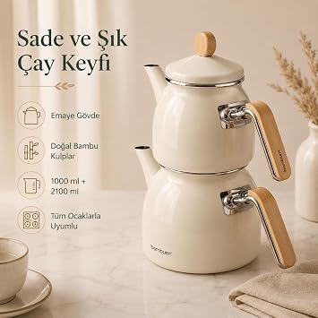 Sultan - Bambu Kulplu Emaye Çaydanlık Takımı Krem