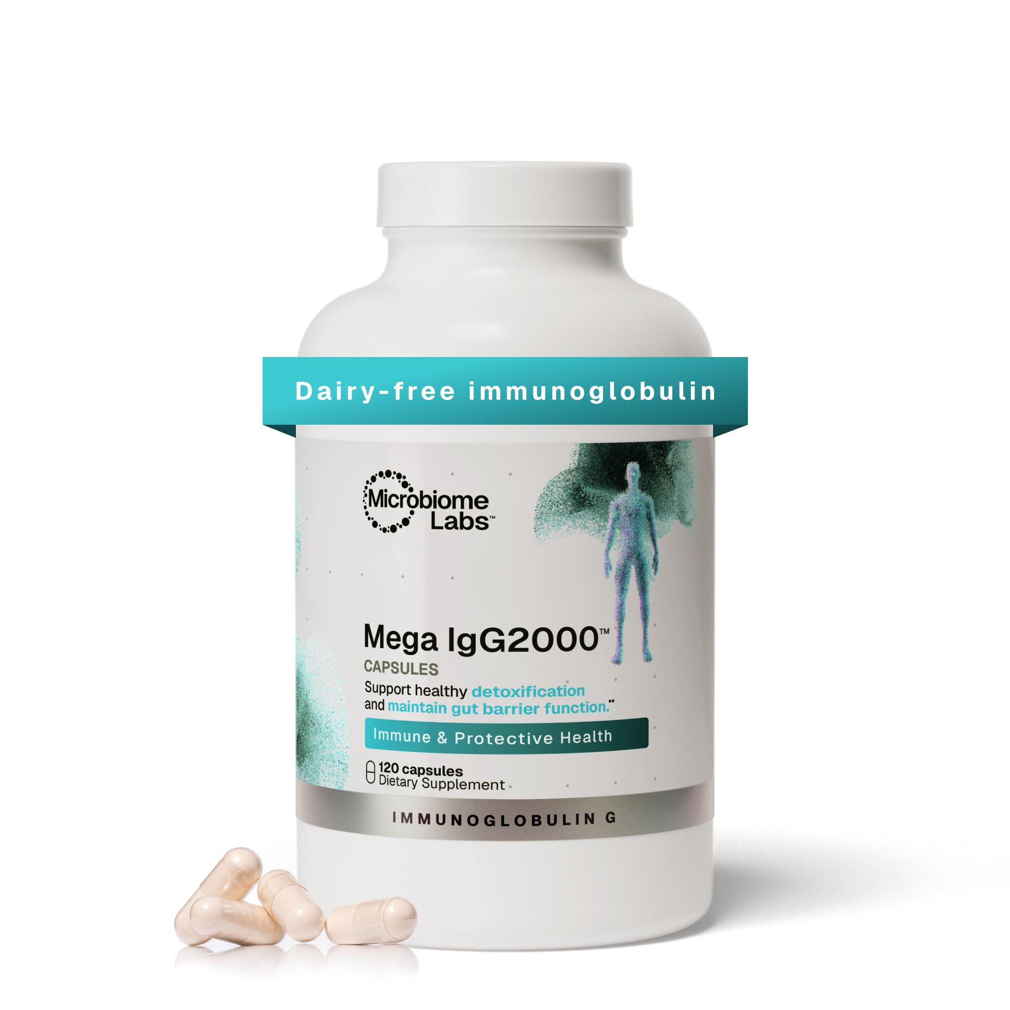 Microbiome Labs Mega IgG2000 Capsules - Dairy Free Bovine Colostrum Supplement Alternative - Immunoglobulin Supplement from Bovine Serum to Support Digestive Health (120 Capsules)