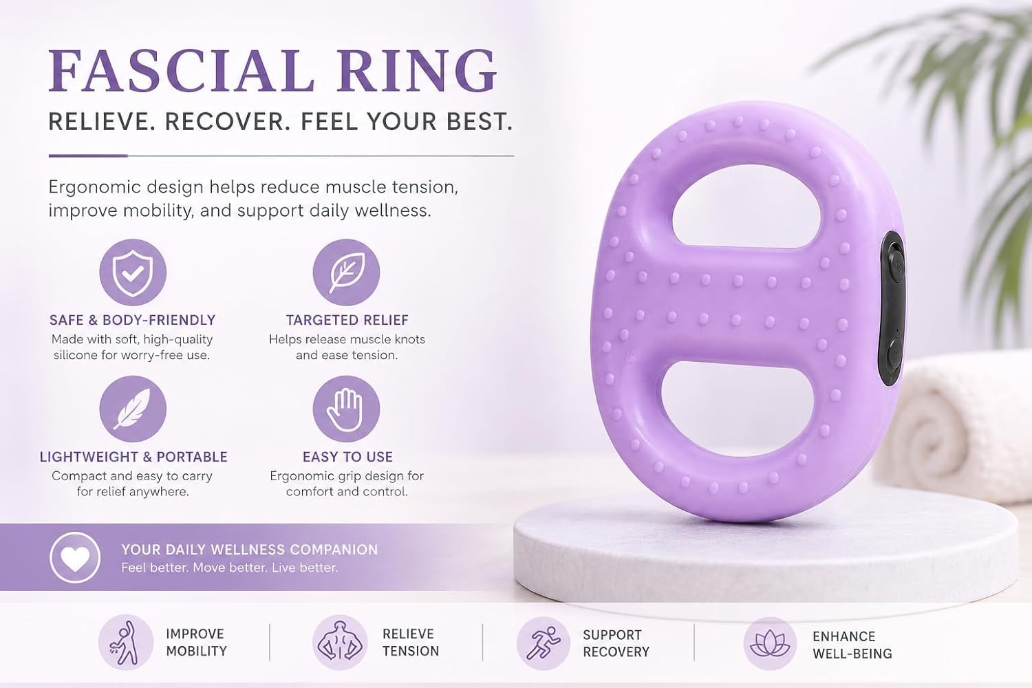 AANAHIL Fascial Ring for Deep Tissue Massage, Soft Silicone, 150g, Dual Handle, Raised Dot Texture, Purple 1