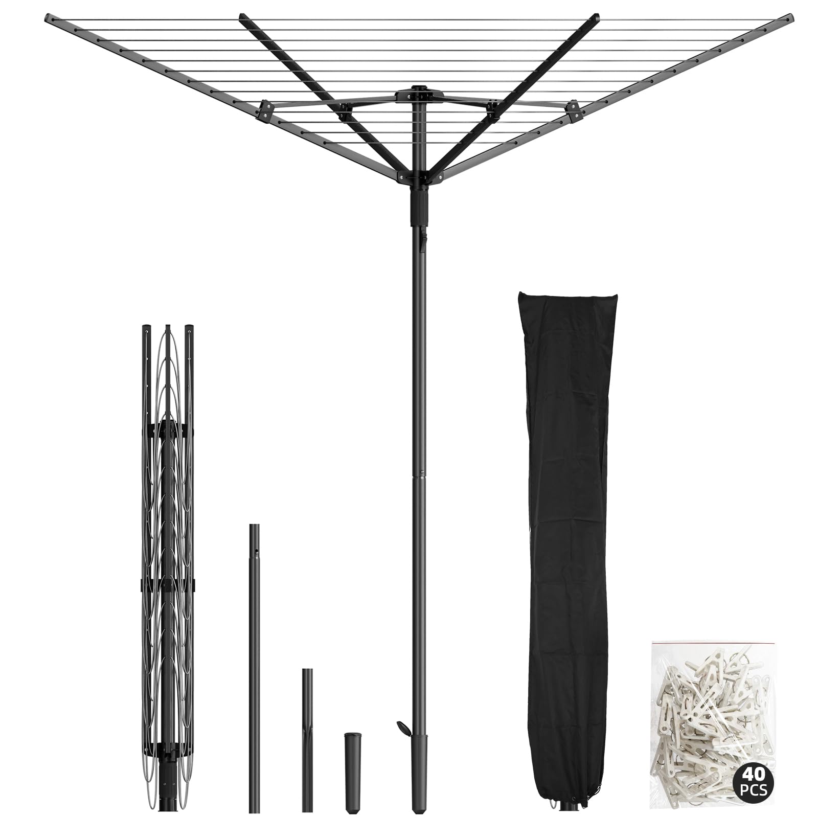 Heavy Duty Outdoor Umbrella Drying Rack, Rotating Height Adjustable Clothesline for Large Blankets &amp; Sheets, Perfect for Backyard Balcony Camping RV, Black