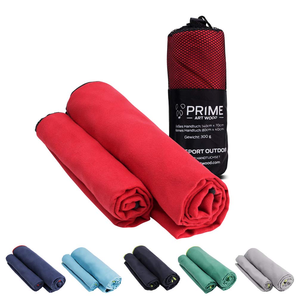 PRIME ART WOOD® Microfibre Hand Towels Set of 2 with Carry Bag (140 cm x 70 cm and 80 cm x 40 cm), red