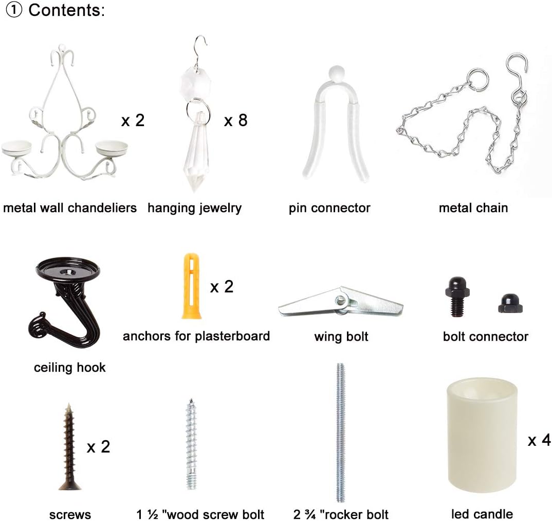 3 in 1 Lighting Chandelier, Metal Wall Sconce Set of 2, Table Centerpiece for Indoor or Outdoor, Chain and Candles Included, White