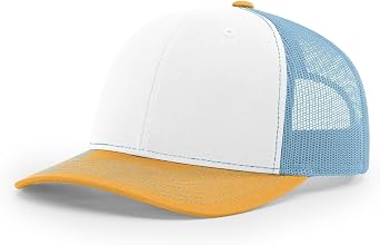 Richardson 112 Trucker Hat Snapback Cap Adjustable Baseball Hat Blank Hat Bulk Hats - White/Columbia Blue/Yellow