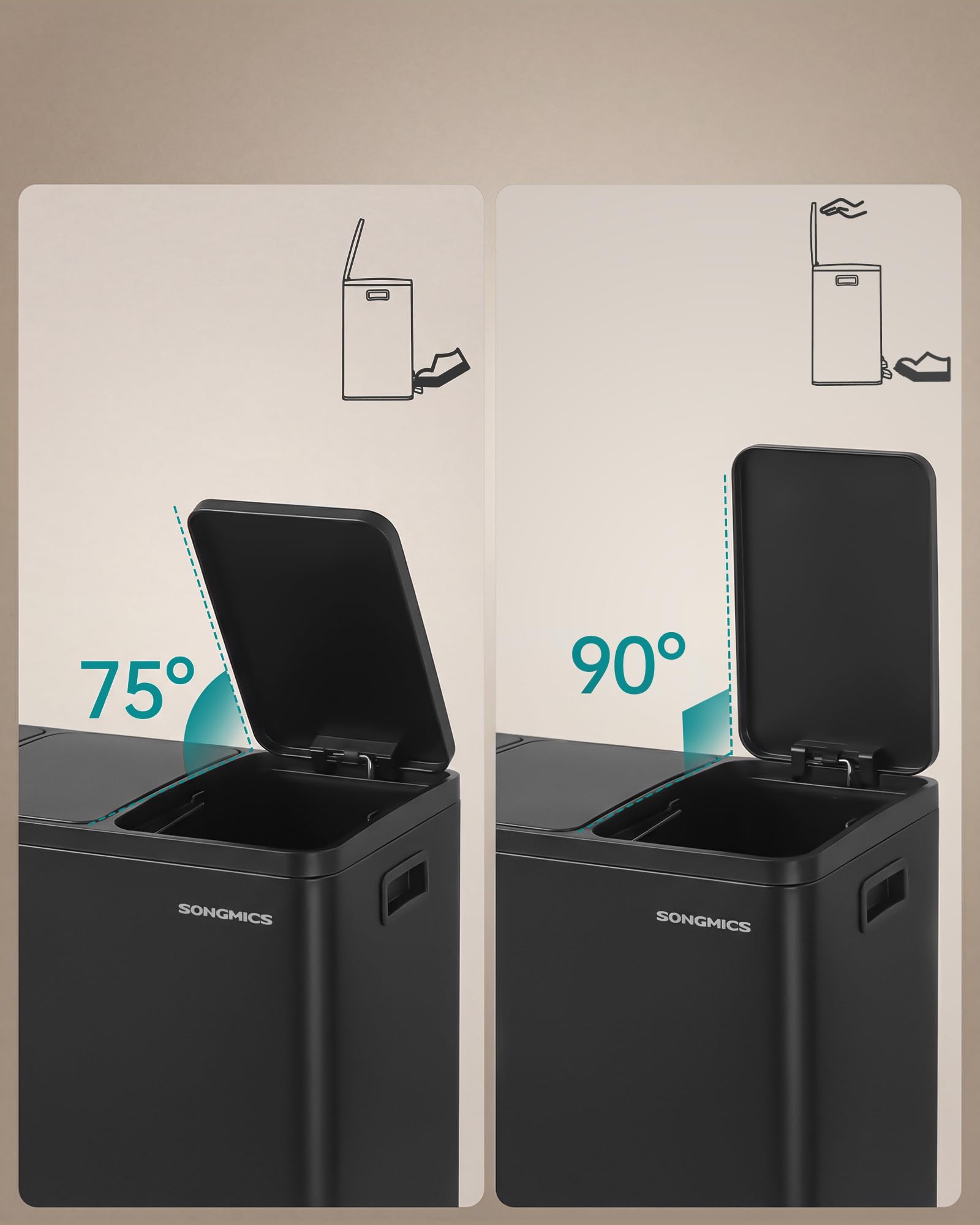 SONGMICS Kosz na śmieci, 3 x 15 l, 3-komorowy system segregacji odpadów, pojemnik z 15 workami na śmieci, kosz z pedałem, wyjmowane wewnętrzne wiadro, pokrywa z cichym zamykaniem, czarny LTB145BZ02