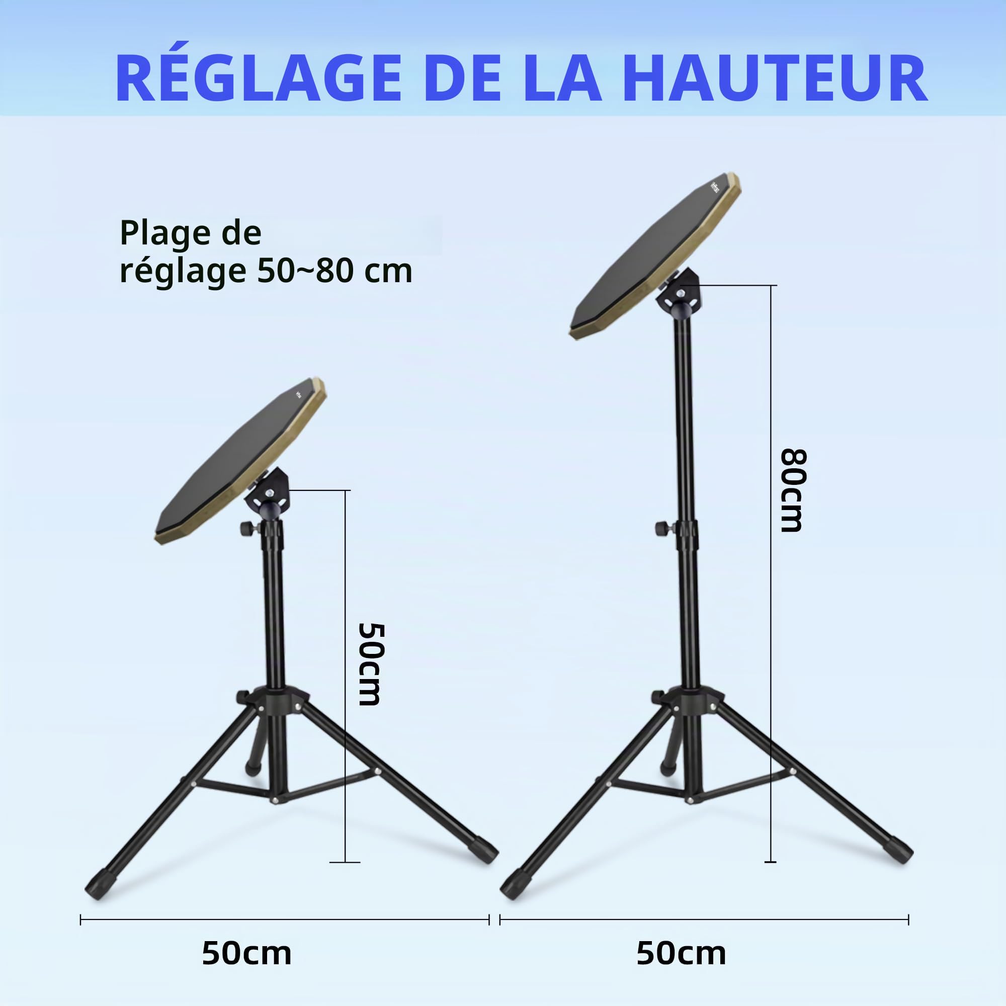 Ensemble de tapis d'entraînement pour batterie de 12" (50-80 cm) avec support, bandeau et sac de rangement - Noir