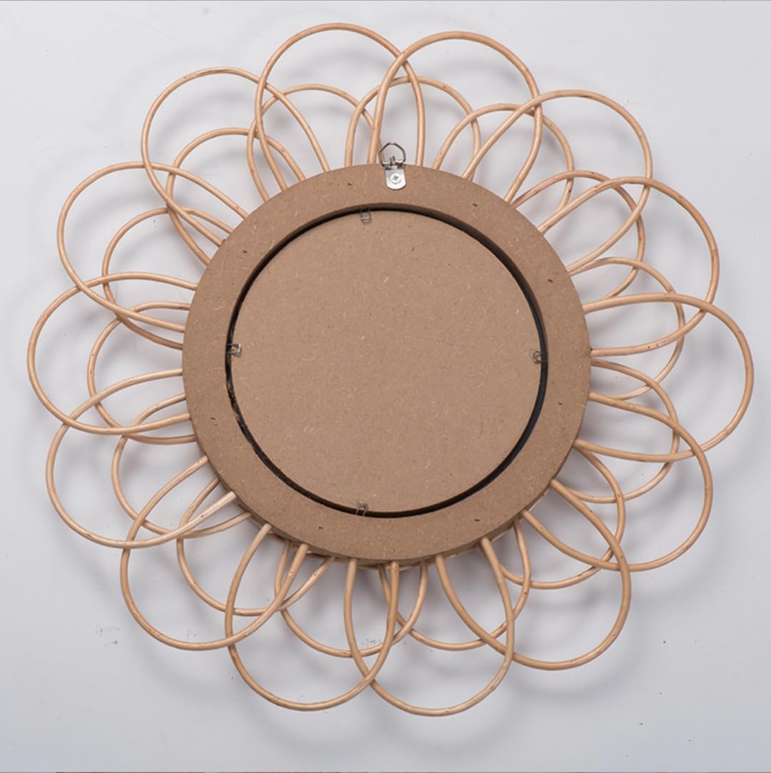 Handmade Rattan Mirror Wall Decoration Creative Rustic Wall Hanging Wall Pediment Hanging Mirror Wall Art Wall Decor for Bedroom, Living Room, Hallway