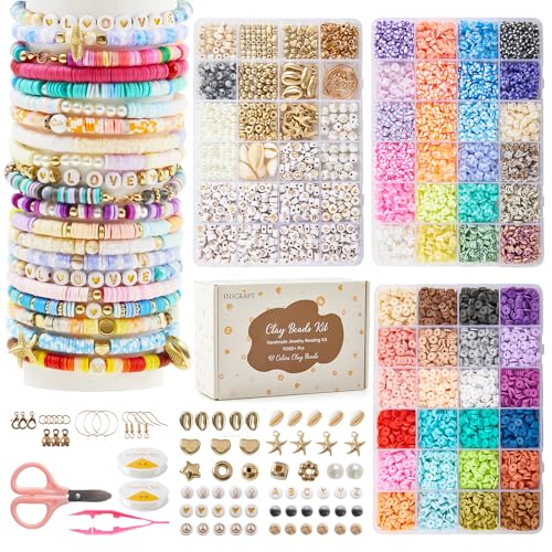 INSCRAFT 11000 Pcs Clay Beads for Bracelet Making Kit, 48 Colors Flat Round Polymer Clay Beads, Friendship Bracelet Kit Heishi Beads for DIY Jewelry Making, Crafts Gift for Girls Teen Ages 6-12