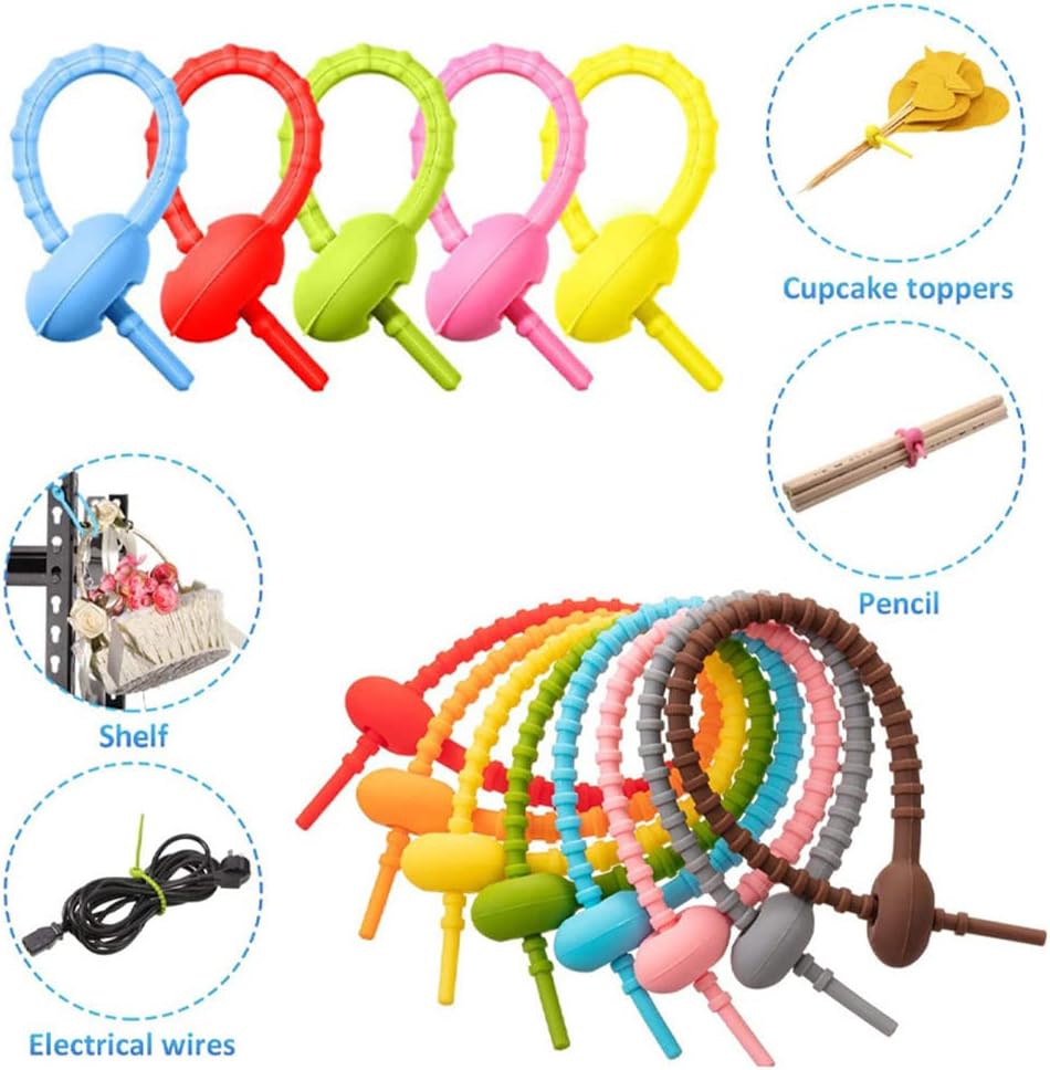 25Pcs Reusable Silicone Twist Ties Bag Clip Cable Straps Cable Cord Wraps Management Organizer Rubber Twist Tie,5 Mixed Designs