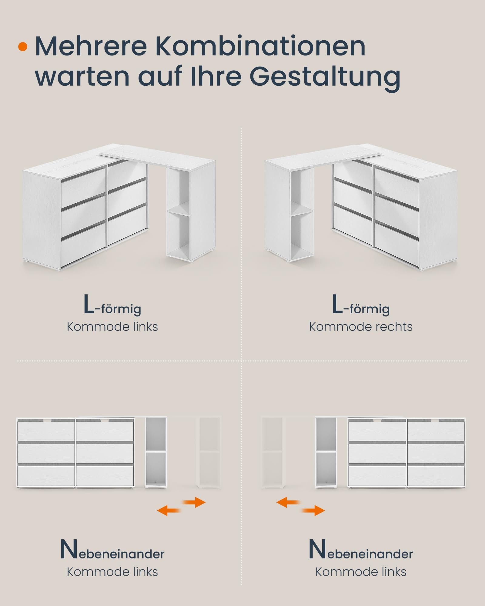 SONGMICS HOME Schminktisch, superschnelle werkzeuglose Montage, Toolless-Technologie, Kommode mit Regal, Schrank, nebeneinander oder L-förmig, für Schlafzimmer, Arbeitszimmer, schneeweiß LTS656W01