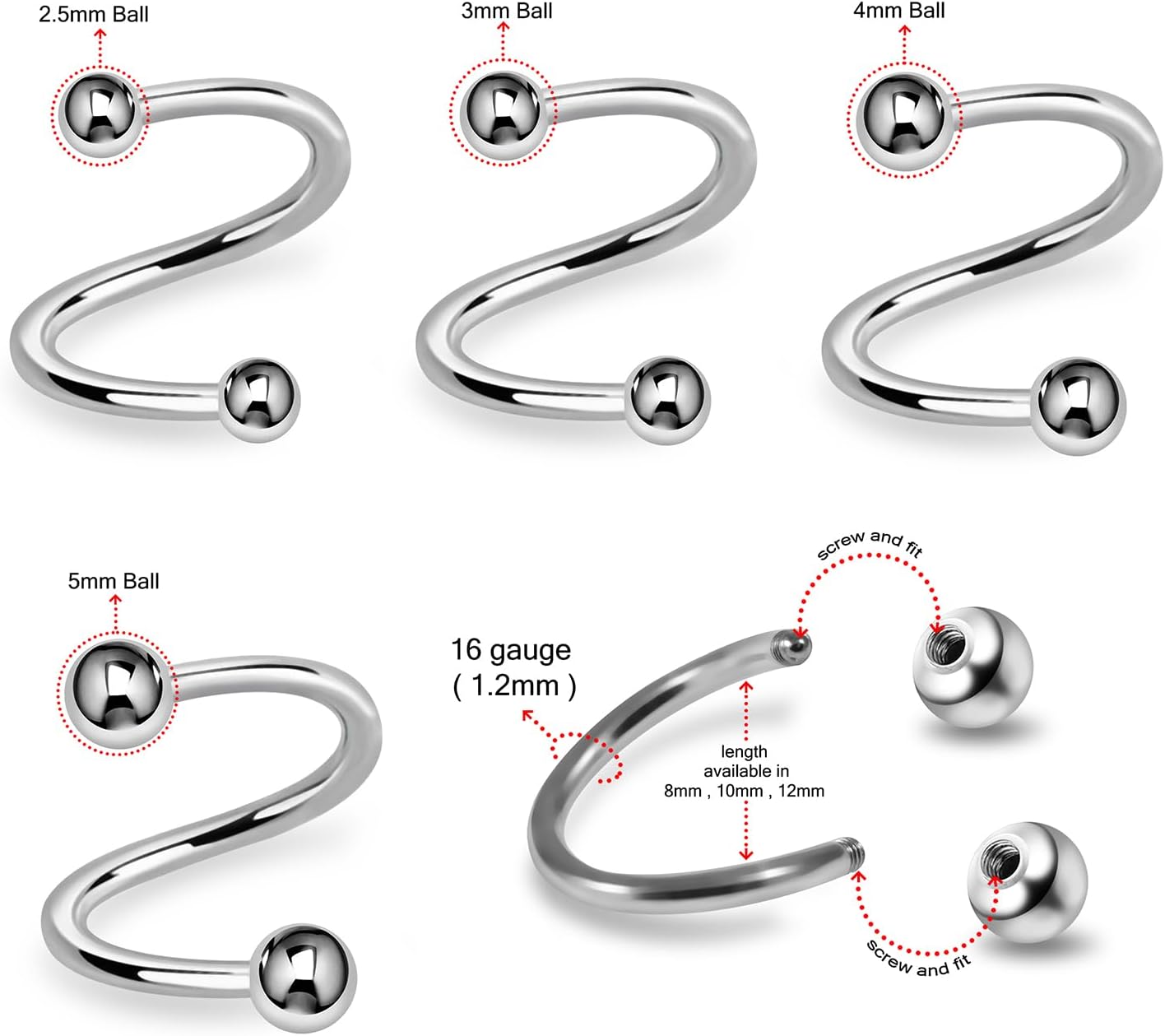 316L Surgical Steel 16 Gauge - 8mm, 10mm, 12mm Length Twister - Spiral Barbell with 2.5mm, 3mm, 4mm, 5mm Ball - Cartilage Helix Tragus Earring Lip Eyebrow Septum Belly Piercing Jewelry