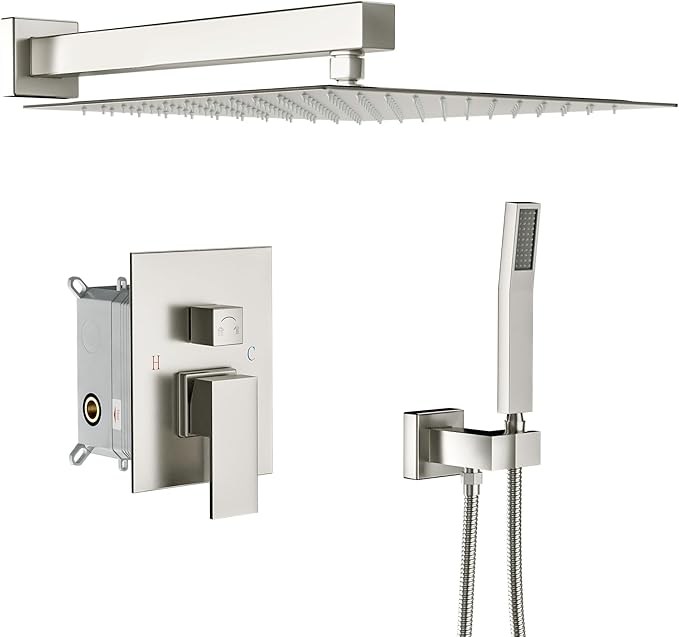 Lordear Brushed Shower System 12 Inch Square Rainfall Shower Head with