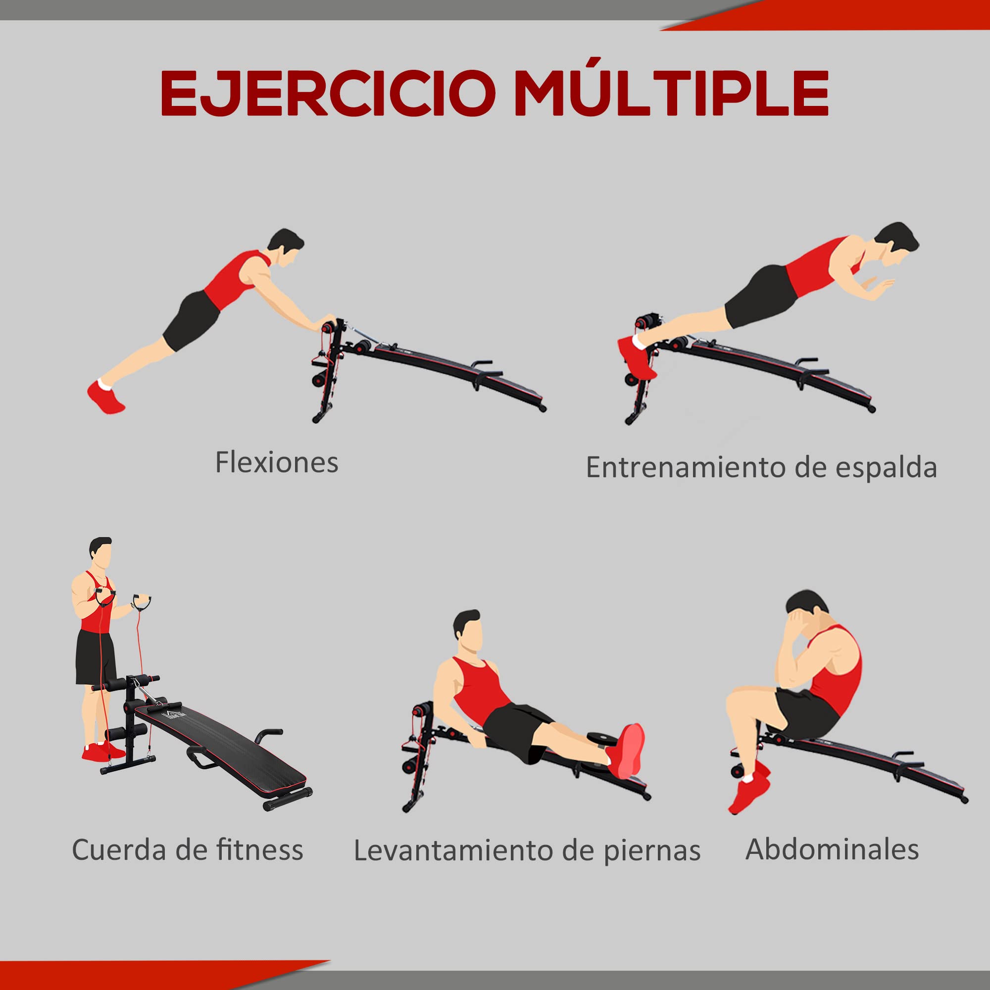 HOMCOM Banco de Abdominales Altura Ajustable Multifuncional Fitness 120kg | Banco de Musculación, Entrenamiento de Espalda Abdominal Piernas, 2 Cuerdas, 1 Tirador de Resorte