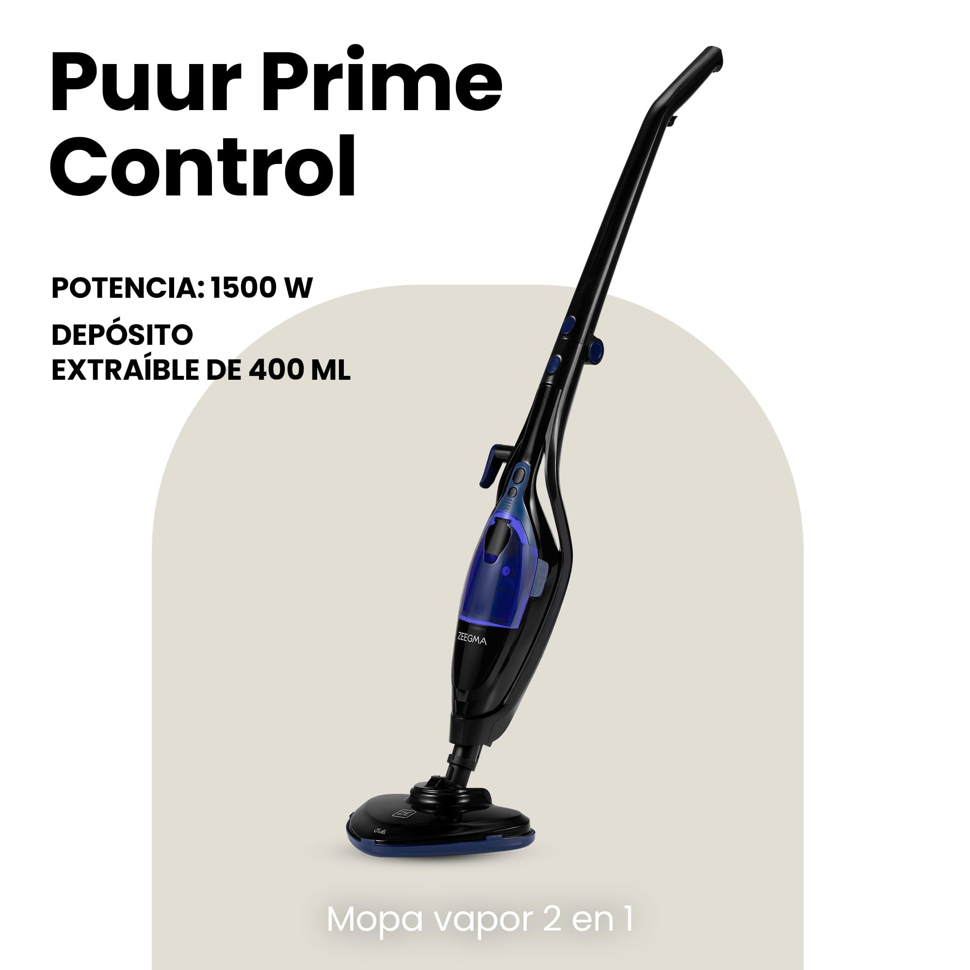 ZEEGMA Puur Prime Control – Mopa de Vapor 2 en 1 con 13 Accesorios, 1500 W, Depósito Extraíble 400 ml, Calentamiento 20 s, 3 Niveles de Vapor, Cabezal Giratorio, Cable 7 m – Limpieza sin Químicos