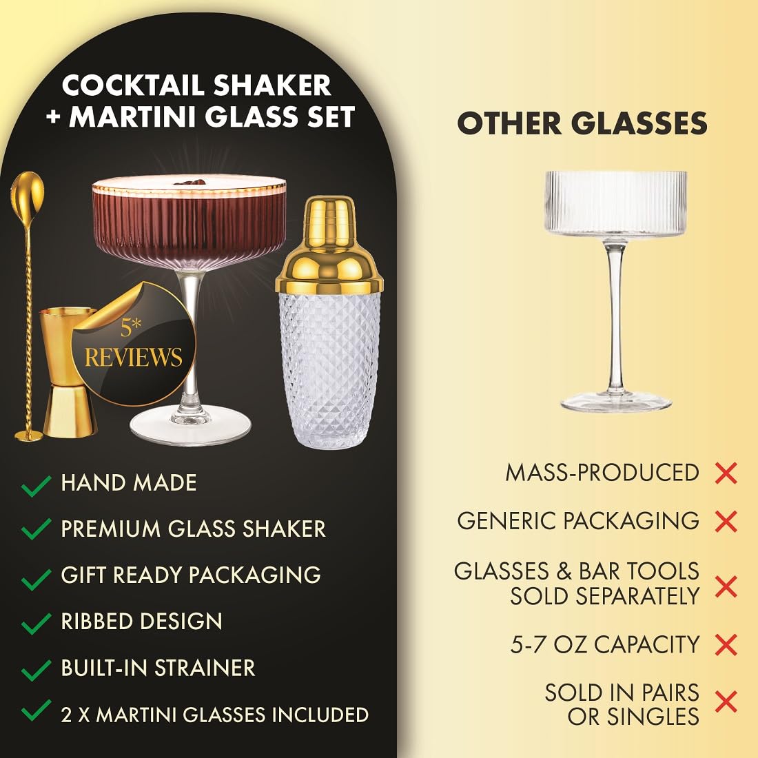 Vemacity Ensemble d'outils de bar de luxe | Shaker à cocktail en verre de 425,2 g + verres à martini expresso et accessoires de cocktail dorés : cuillère, doseur (shaker à cocktail doré + verres