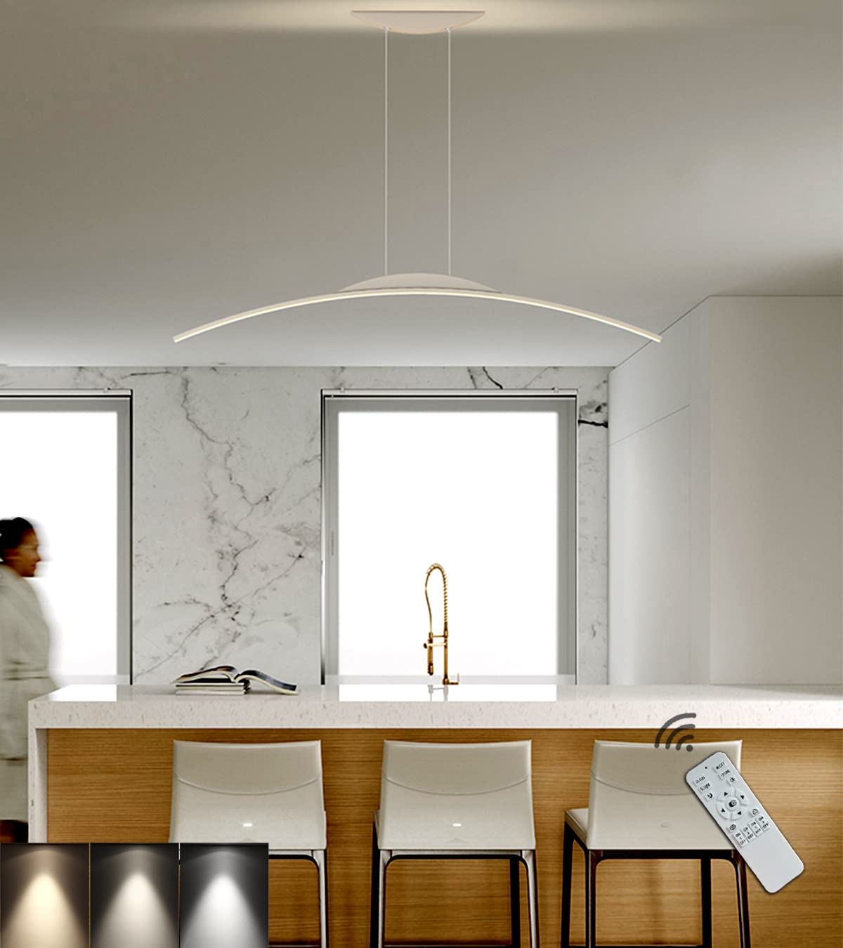 Moderne LED Salle à manger Semi circulaire Lampes suspendues 2800K-6500K Dimmable Lampes à Suspension Bureau Plafond Lustre Plafonniers Réglable en Hauteur Chambre à coucher (Blanc, L100cm/45W)