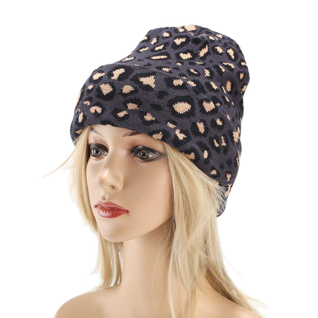 Leopard Print Beanie Hat Trendy Animal Pattern Skull Cap 2 Layers Cuffed Hats Winter Thick Knitted Watch Caps (Dark Gray)
