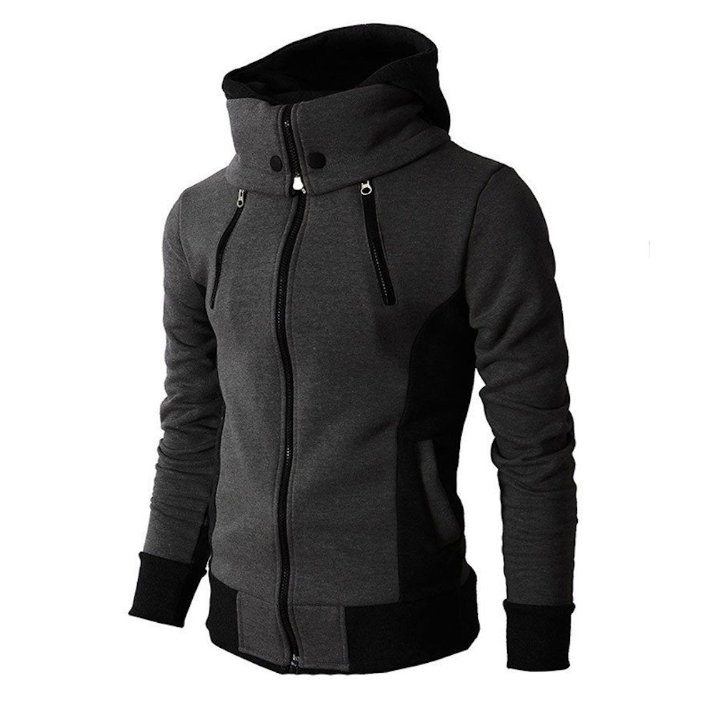 Santorini Island Men's Double Zipper Hooded Jacket Turtleneck Fleece Hoodie Coat (Small, Black)