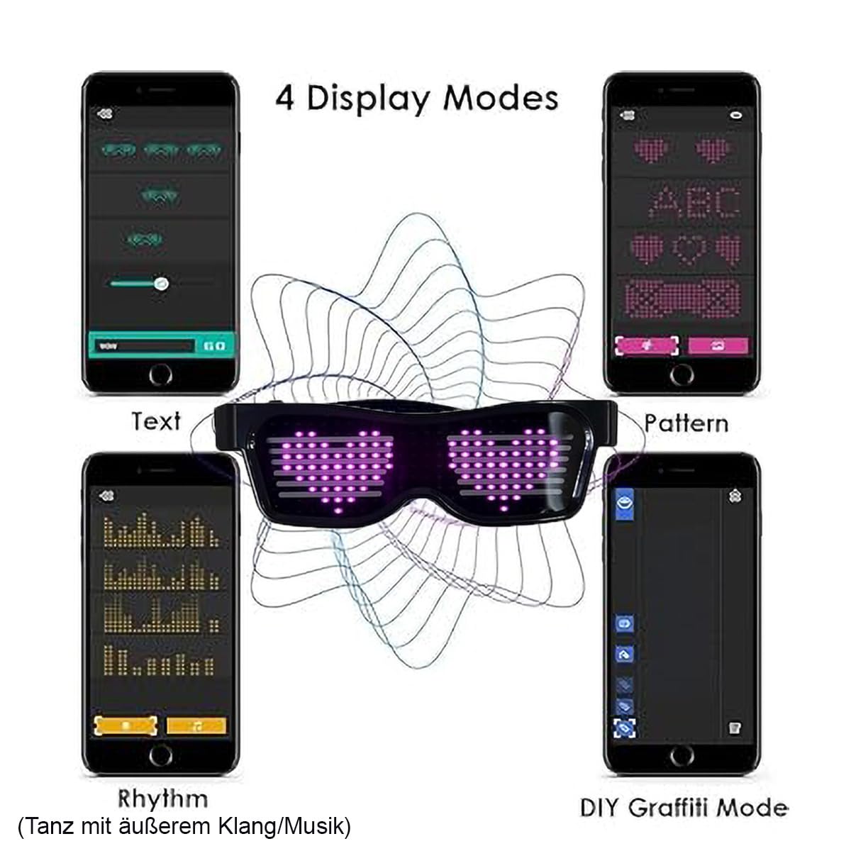 Queen.Y Occhiali LED Personalizzabili BT Illuminano Bluetooth Display a LED Collegato Occhiali Intelligenti Ricaricabili USB Fai Da Te Funky per Discoteca Party